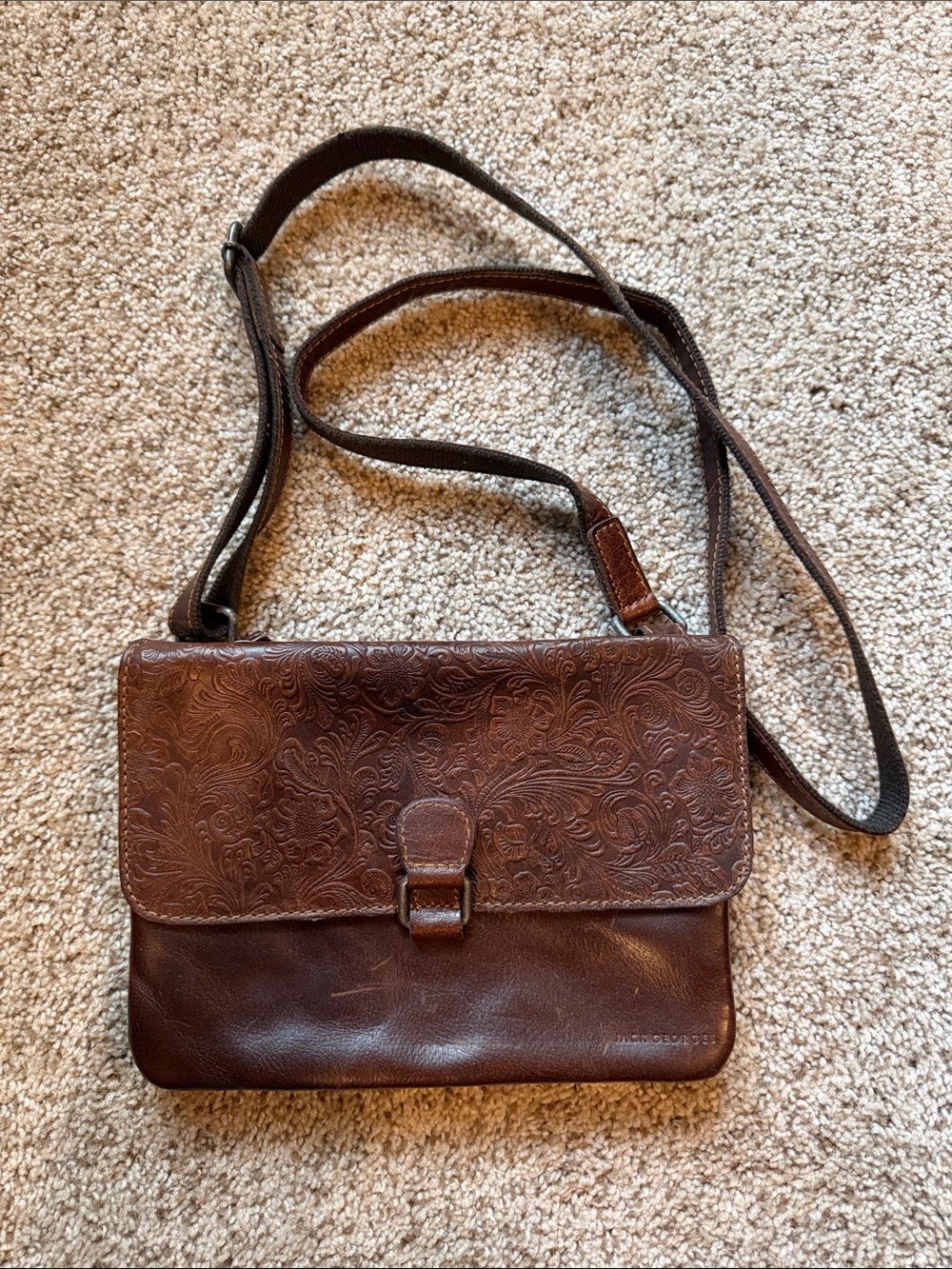 Tooled Brown Leather Crossbody Bag with Floral Embossing
